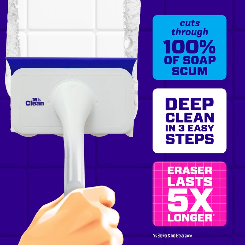 Mr Clean Mr. Clean Magic Eraser Shower & Tub Scrubber, Bathroom Cleaner, All in One Bathroom Cleaner, Lemon Starter Kit, 1 Scrubber & 2 Foaming Magic Erasers - Image 3