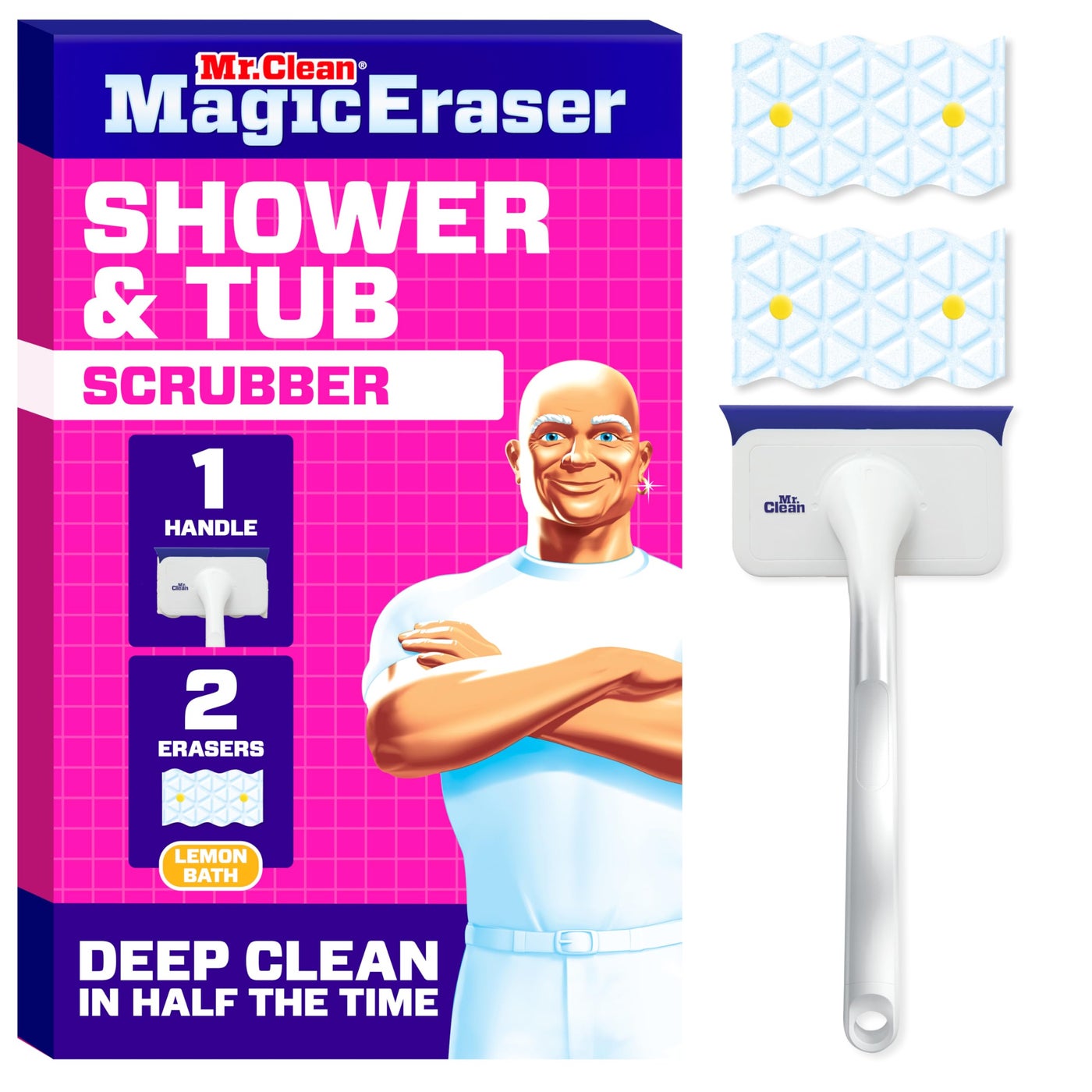 Mr Clean Mr. Clean Magic Eraser Shower & Tub Scrubber, Bathroom Cleaner, All in One Bathroom Cleaner, Lemon Starter Kit, 1 Scrubber & 2 Foaming Magic Erasers