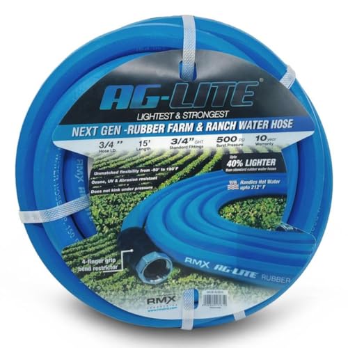 BluBird AG-LITE AL3415 3/4" x 15' Rubber Farm & Ranch Water Hose, Lightweight, 500 PSI, 50F to 190F Degree, Polyester Braided, Brass GHT Fittings, 4 Finger-Grip Bend Restrictor, Agriculture & Industrial Use - Image 1