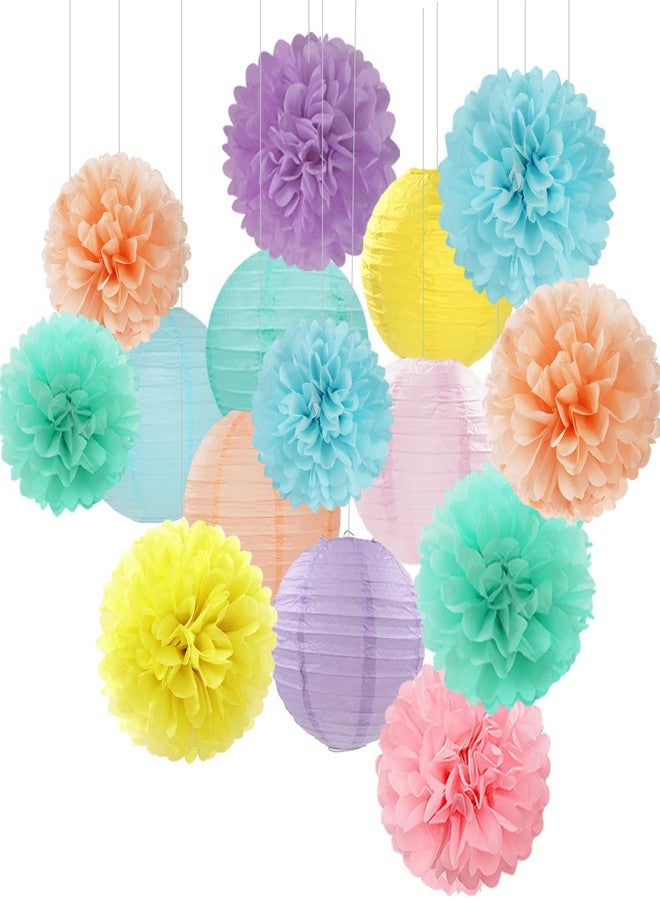 Hugfond Pastel -Decorations Paper Flowers Lanterns - 15PCS Birthday Classroom Baby Shower Tissue Pom Poms Streamers,Macaron Carnival Theme Circus Pop Hanging Supplies Decor - Image 1