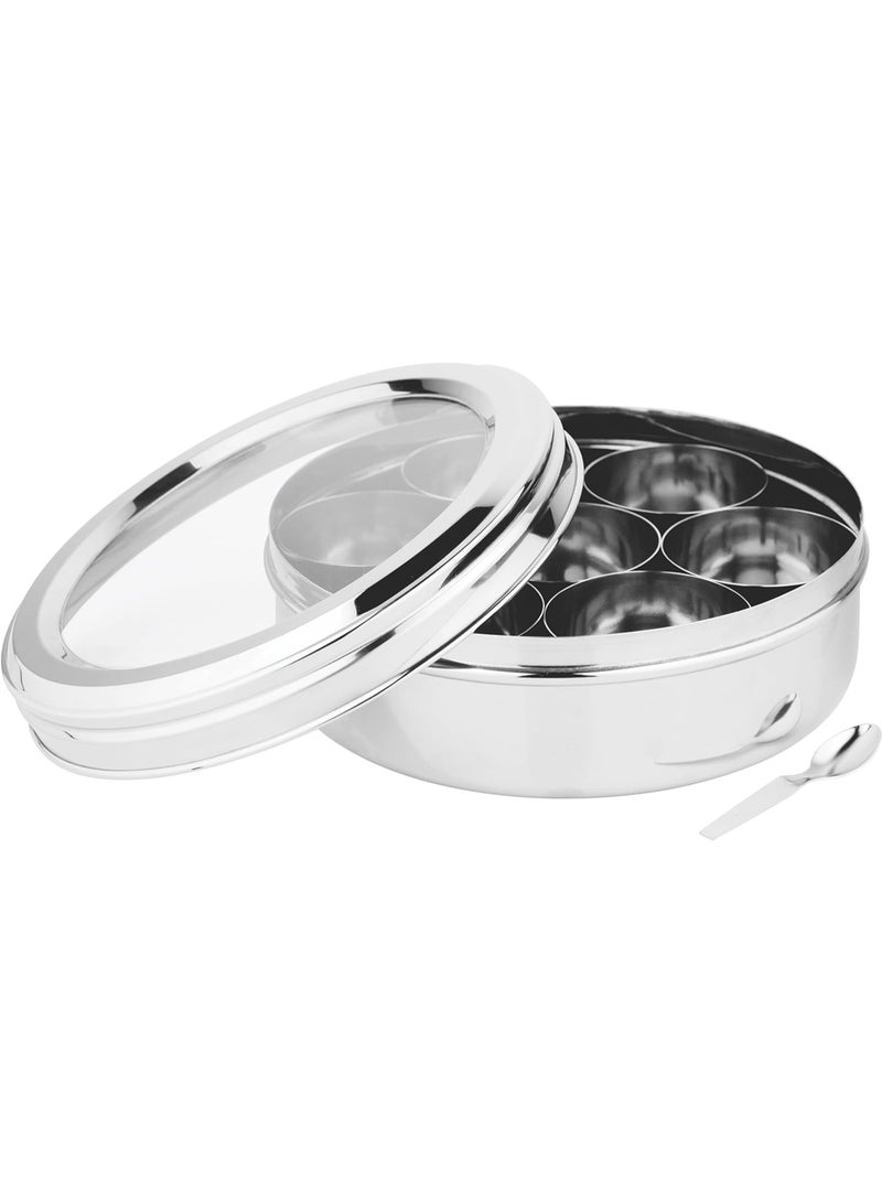 Prabha Stainless Steel Eye Candy Spice Box, See Through Glass Lid, 7 Spice Containers, Spoon, Hard & Durable Material, Best for Home & Kitchen, 1 Year Warranty - Image 1