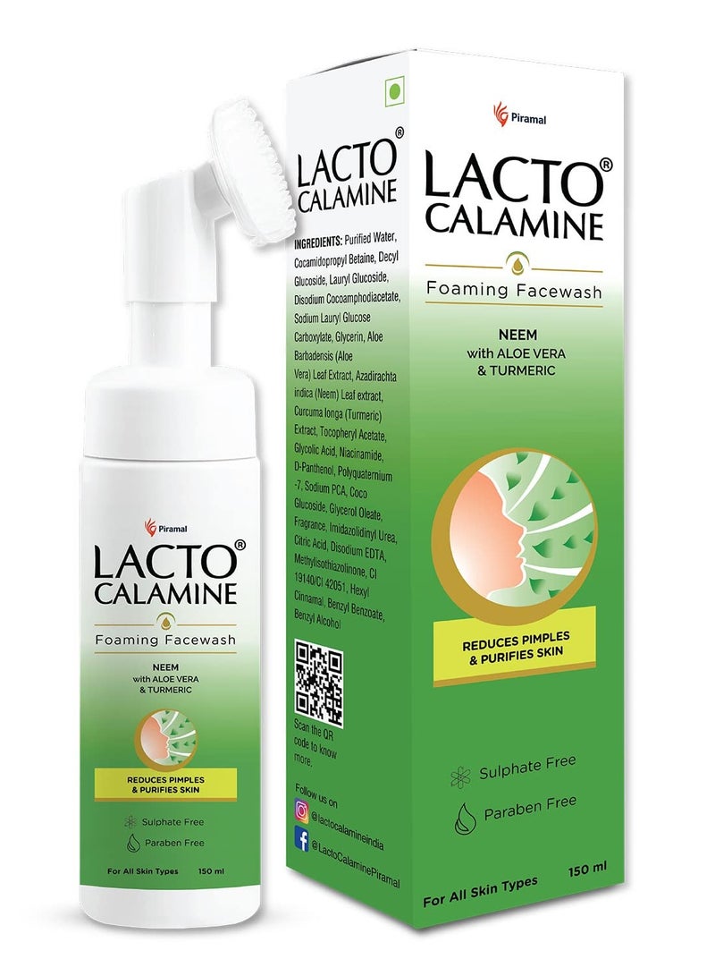لاكتو كلامين غسول الوجه الرغوي من لاكتو كالامين وألوة الكركم يعمل على تفتيح البشرة والتحكم في الرؤوس السوداء والرؤوس البيضاء مع فرشاة رغوية مدمجة، غسول وجه خالي من الكبريتات، خالي من البارابين، 150 مل - Image 1