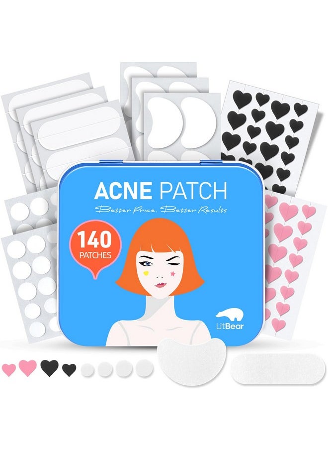 LitBear LitBear Acne Pimple Patch, 8 Sizes 140 Pcs Hydrocolloid Acne Patches with Storage Box, 24 XL Pimple Patches for Face, Chin, Nose, 4 Shapes Zits Patches for Blemish, dots with Tea Tree Oil & Cenrella  - Image 1