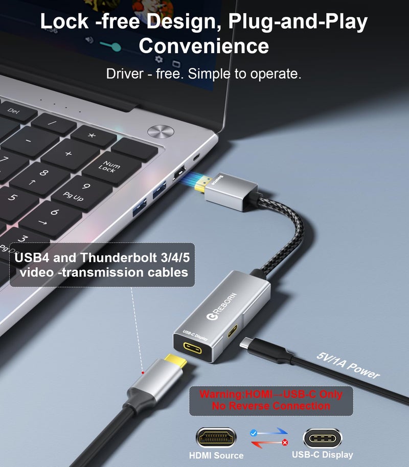 Reborn HDMI to USB C Adapter 4K 60Hz | Uni-Directional HDMI Source to Type-C Display Adapter for AR Glasses XREAL Oneã€Air 2 Pro/VITURE Pro/RayNeo Air 2s/Rokid,PS5,Portable Monitors - Image 2