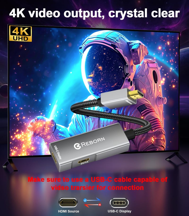 Reborn HDMI to USB C Adapter 4K 60Hz | Uni-Directional HDMI Source to Type-C Display Adapter for AR Glasses XREAL Oneã€Air 2 Pro/VITURE Pro/RayNeo Air 2s/Rokid,PS5,Portable Monitors - Image 4