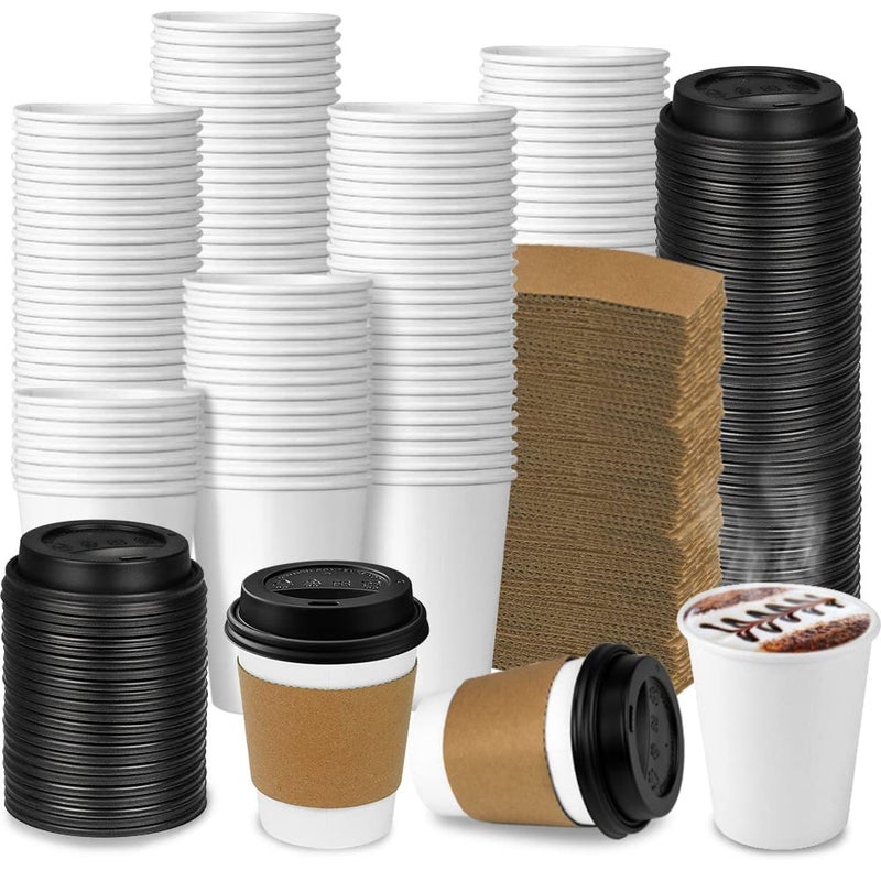 Ginkgo 100Pack 8 oz Thickened Disposable Coffee Cups with Lids and Sleeves To Go Cups for Hot Beverages Perfect for Hot Coffee Cocoa and Chocolate