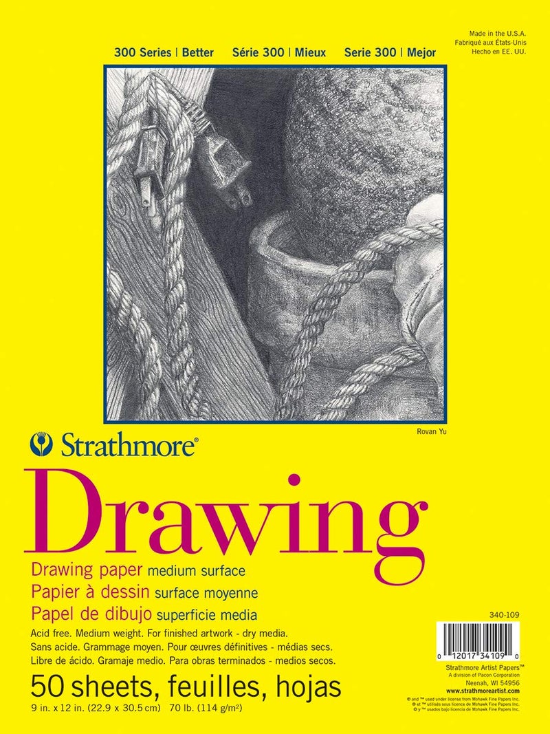Strathmore 300 Series Drawing Paper Pad Glue Bound 9x12 inches 50 Sheets 70lb114g Artist Paper for Adults and Students Charcoal Colored Pencil Ink Pastel Marker