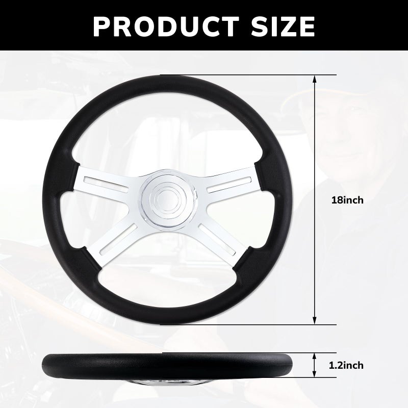 QYMOPAY 18" Truck Steering Wheel, 4-spoke Aluminium Chrome Truck Steering Wheel for Semi-Trailers, Trucksï¼ŒPU Foam Material - Image 2