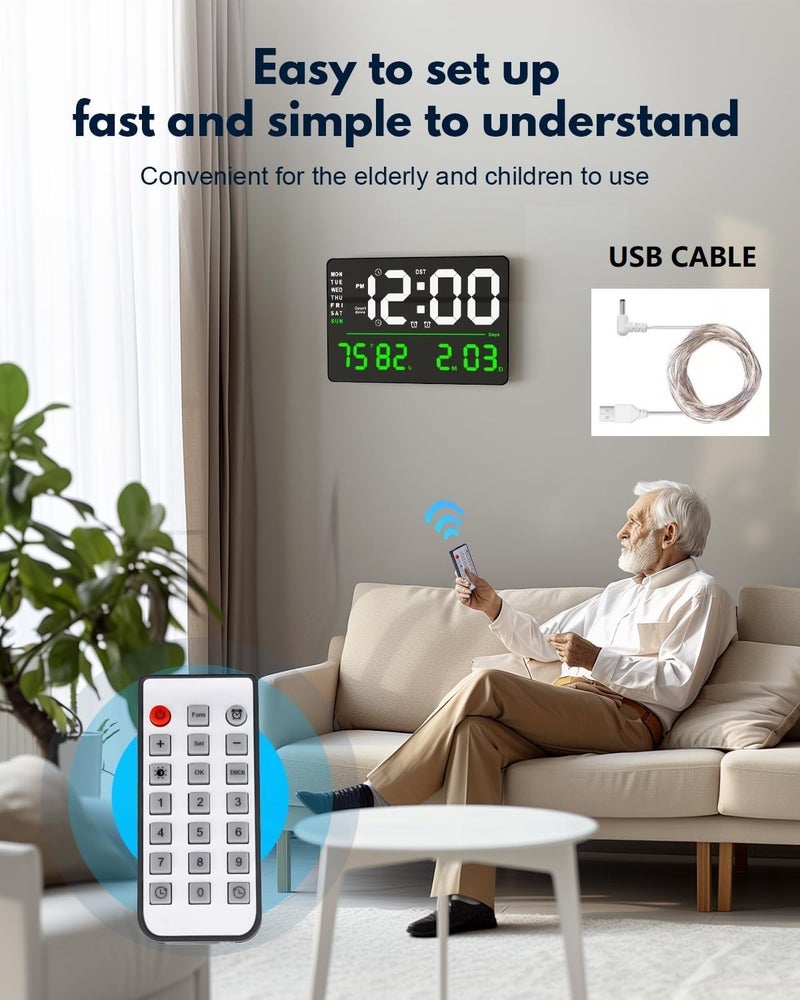 SYGNIUS Digital LARGE Wall Clock, Digital Clock Large Display, Dual Alarms, Automatic Brightness Dimmer- Easy Track The Time, Date, Day of Week and Temperature, with Remote Control (16" SQUARE GREEN &WHITE) - Image 5