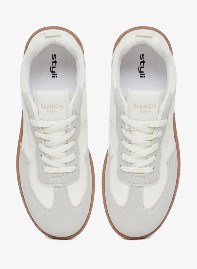 Styli Active White Panelled Laced Up Sneakers for Women | Best Price UAE
