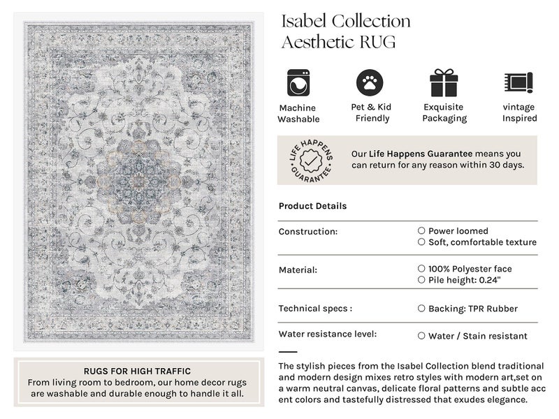 HUGEAR Area Rugs 6x9 Machine Washable Vintage Blue Living Room Bedroom Rug Throw Carpet Non Slip Stain Resistant Low Pile for Home Retro Aesthetic Modern Decor - Image 3