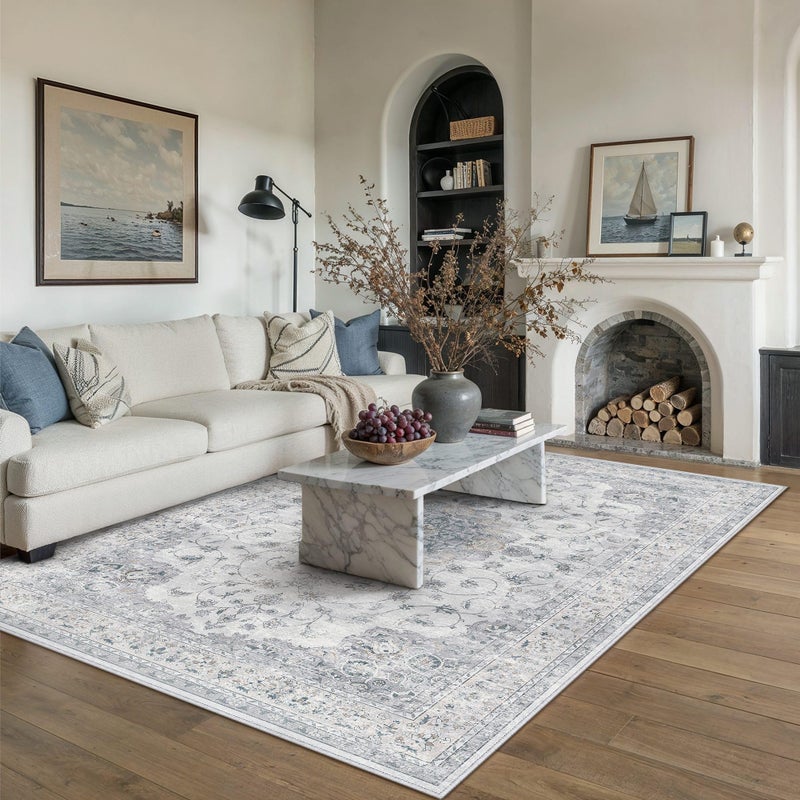 HUGEAR Area Rugs 6x9 Machine Washable Vintage Blue Living Room Bedroom Rug Throw Carpet Non Slip Stain Resistant Low Pile for Home Retro Aesthetic Modern Decor - Image 1