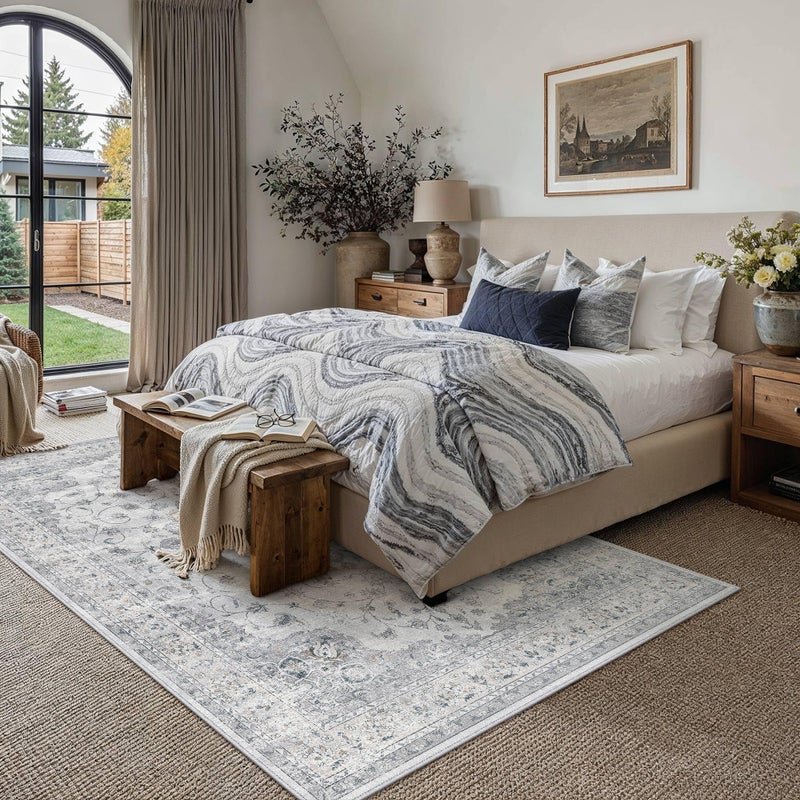 HUGEAR Area Rugs 6x9 Machine Washable Vintage Blue Living Room Bedroom Rug Throw Carpet Non Slip Stain Resistant Low Pile for Home Retro Aesthetic Modern Decor - Image 2