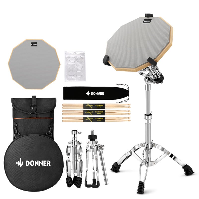 Donner Snare Drum Stand Set with Drum Practice Pad 12 Doublesided Silent Drum Pad set Drumsticks Backpack Adjustable Stand Fits 1014 Dia Drums