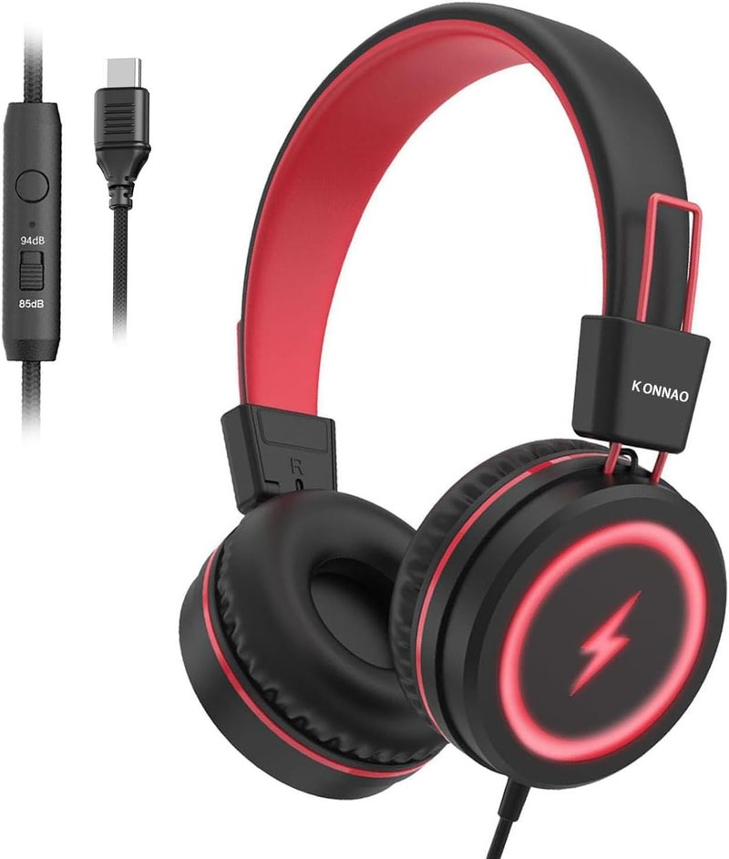 سماعات رأس للأطفال للمدرسة، سماعات رأس للأطفال من نوع USB Type C مع أضواء LED، سماعات رأس سلكية للأولاد والبنات مع محدد أمان 85dB/94dB، سماعات رأس قابلة للطي توضع على الأذن مع ميكروفونات للمدرسة/iPad، أسود - Image 1
