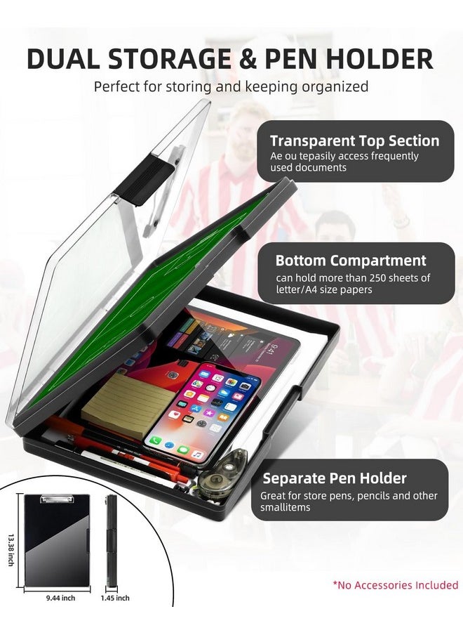 SUNNYCLIP - Clearview Clipboard with 2 Storage, Dry Erase 8.5x11 Heavy Duty ClipBoards - High Capacity Coaches Clip Board with Pen Holder - Side Opening Plastic Nursing Clip Case - Black - Image 1
