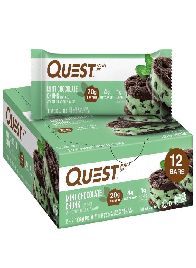 Quest Nutrition Mint Chocolate Chunk Protein Bars, 20g Protein, 1g Sugar, 4g Net Carb, Gluten Free, Keto Friendly, 12 Count - Image 1