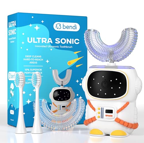 Bendi Sensory 360 Round UShaped Astronaut Design Mouthguard Electric Toothbrush for Kids Ages 27 Automatic Memory Function 5 Modes Toothbrush with Multiple Heads Kids Travel Essentials White - Image 2
