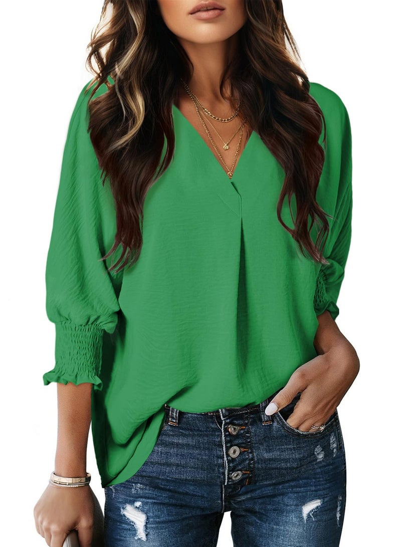 Dokotoo Blouses for Women Dressy Casual Boho Cute Spring Summer Tops V Neck 3/4 Length Sleeve Womens Tops Loose Fit Business Work Blouses Office Shirts Women's Clothing Trendy Outfits Kelly Green M - Image 1
