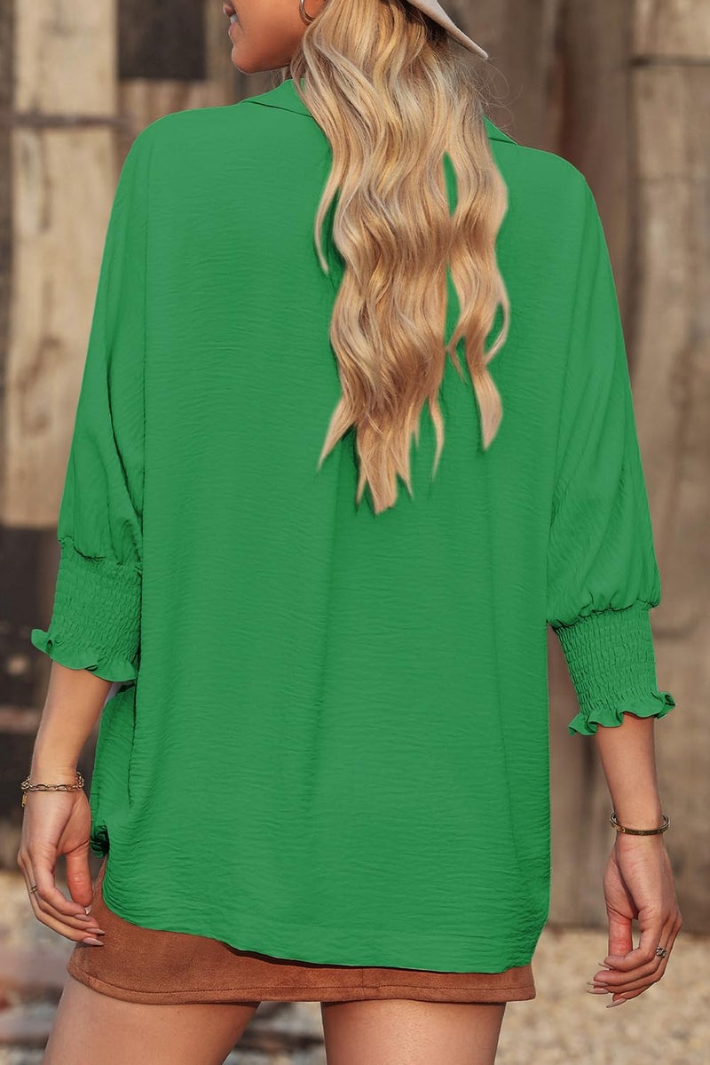 Dokotoo Blouses for Women Dressy Casual Boho Cute Spring Summer Tops V Neck 3/4 Length Sleeve Womens Tops Loose Fit Business Work Blouses Office Shirts Women's Clothing Trendy Outfits Kelly Green M - Image 4