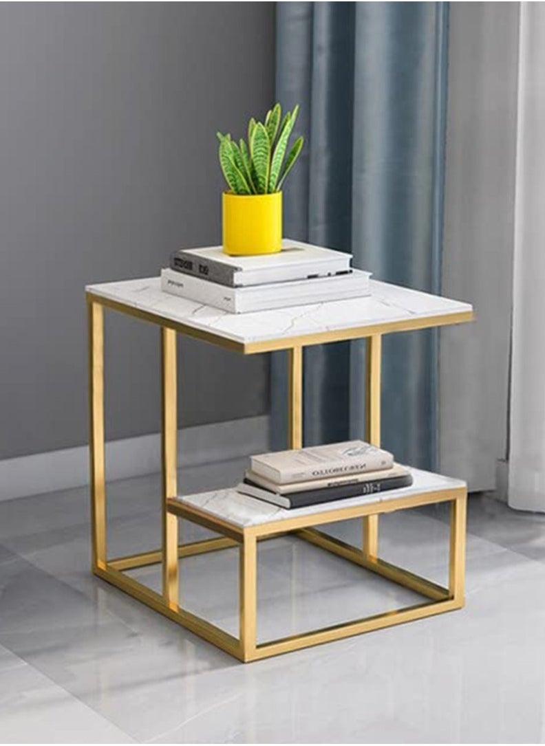 DubaiGallery Modern Wooden Coffee Table Marble Texture Two Layers Square Living Room Sofa Side Table  - Image 1