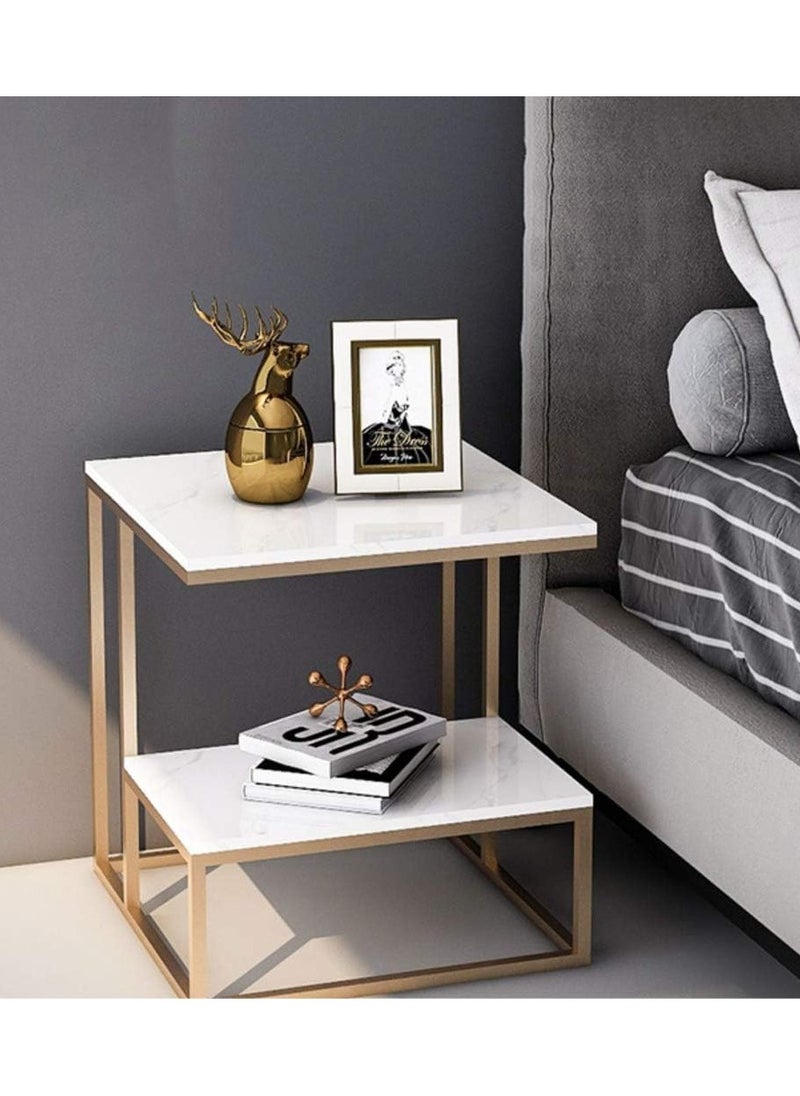 DubaiGallery Modern Wooden Coffee Table Marble Texture Two Layers Square Living Room Sofa Side Table  - Image 2