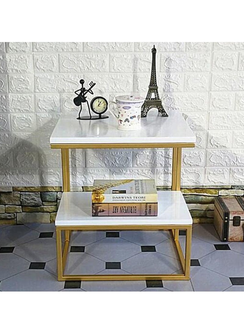 DubaiGallery Modern Wooden Coffee Table Marble Texture Two Layers Square Living Room Sofa Side Table  - Image 3