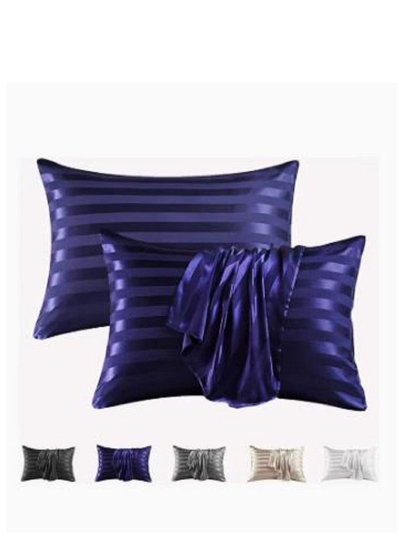 100% Pure Mulberry Queen Pillowcase 2-Piece Pillow Cases (Navy Blue Striped)