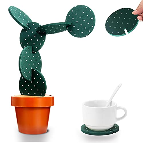 Yougoals Cactus Coasters Set of 6 DIY Funny Drink Holders with Flowerpot, Novelty Gifts for Bar Home Decor (Green with Point) - Image 1