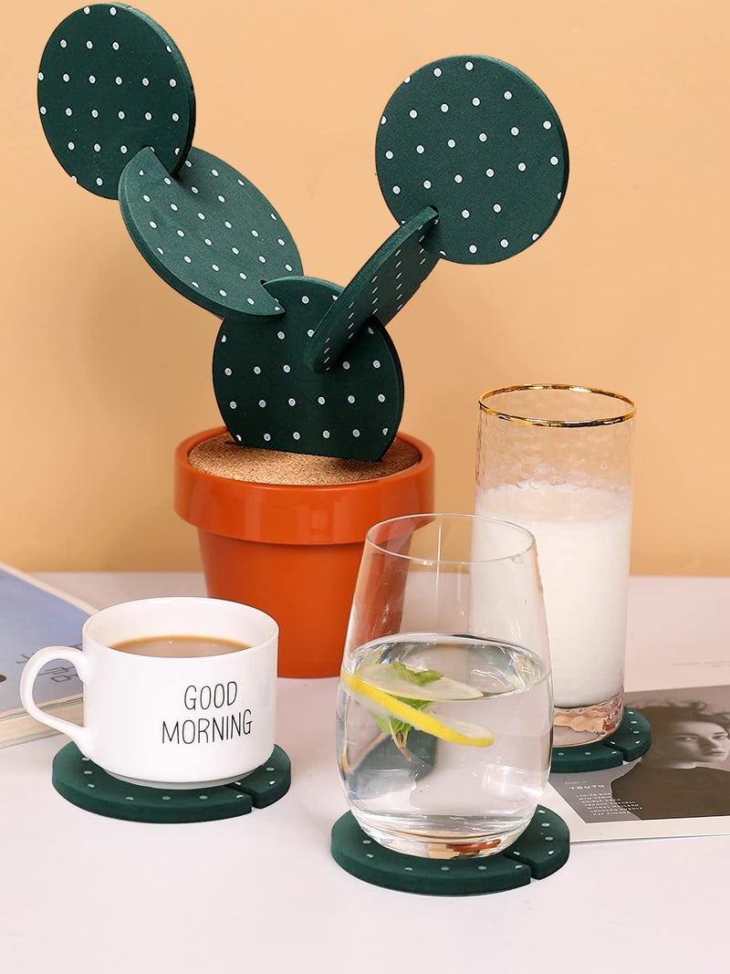 Yougoals Cactus Coasters Set of 6 DIY Funny Drink Holders with Flowerpot, Novelty Gifts for Bar Home Decor (Green with Point) - Image 3