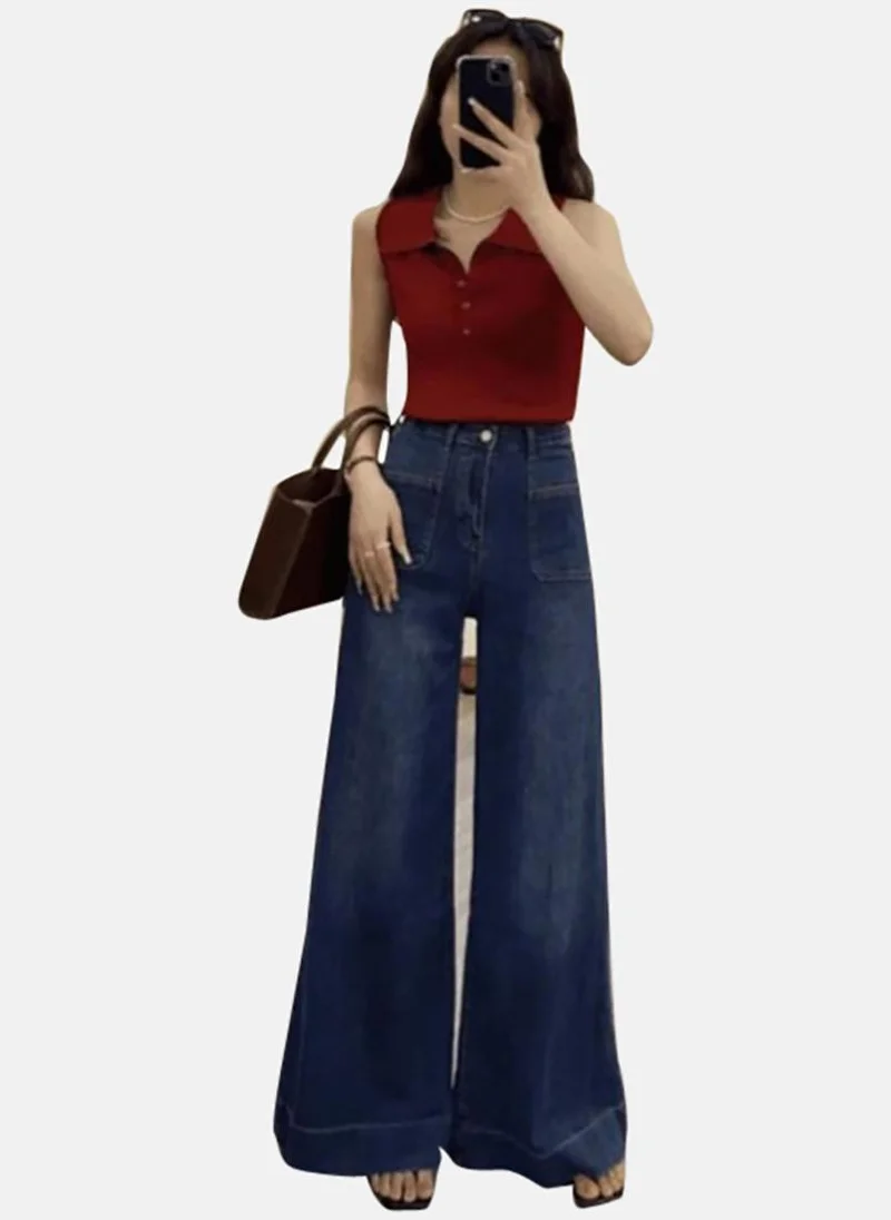 يونيكي Blue Solid Mid Rise Relaxed Wide Leg Jeans