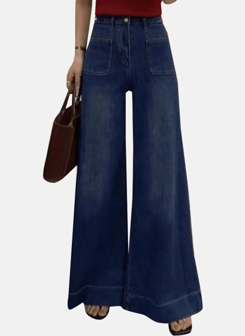 يونيكي Blue Solid Mid Rise Relaxed Wide Leg Jeans