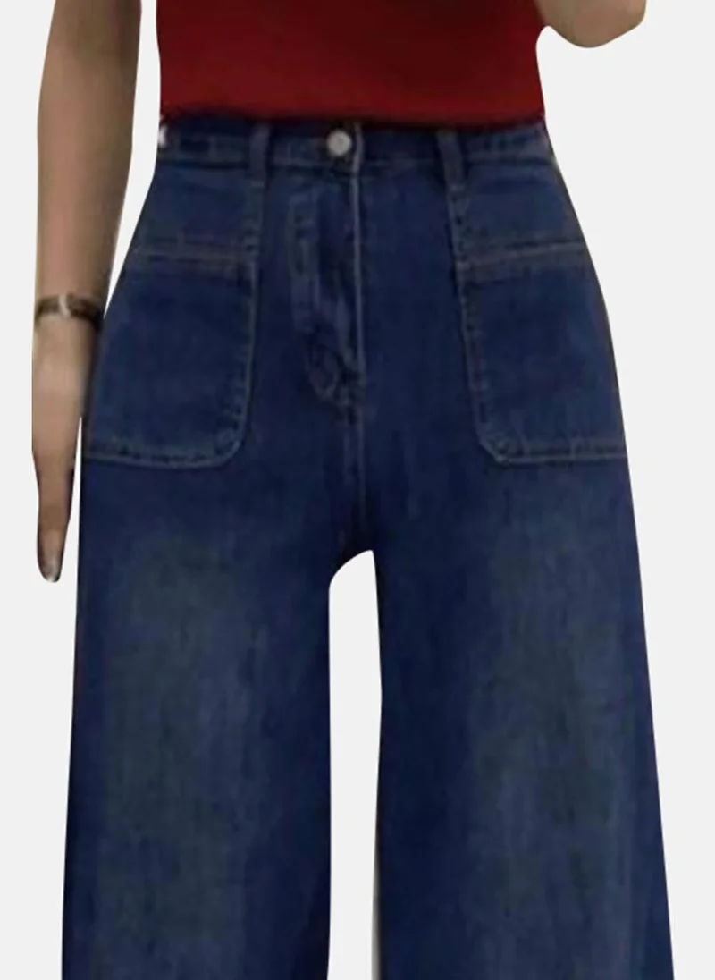 YUNIQEE Blue Solid Mid Rise Relaxed Wide Leg Jeans