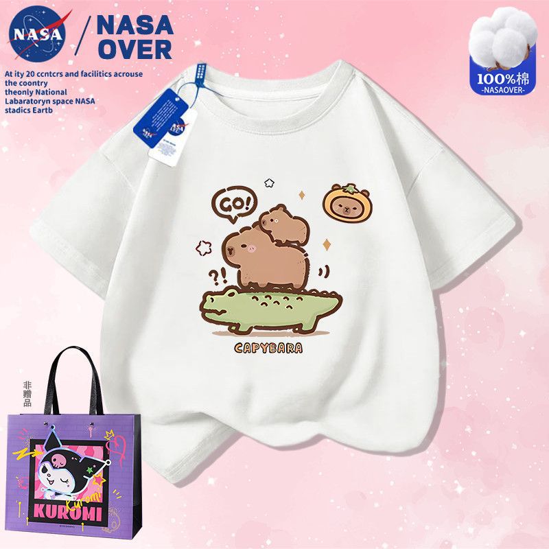 Nasa Co-Brand Capibala Capybara Cartoon Q Edition Pure Cotton Short-Sleeved T-Shirt New Summer Top For Middle And Large Children - Image 1