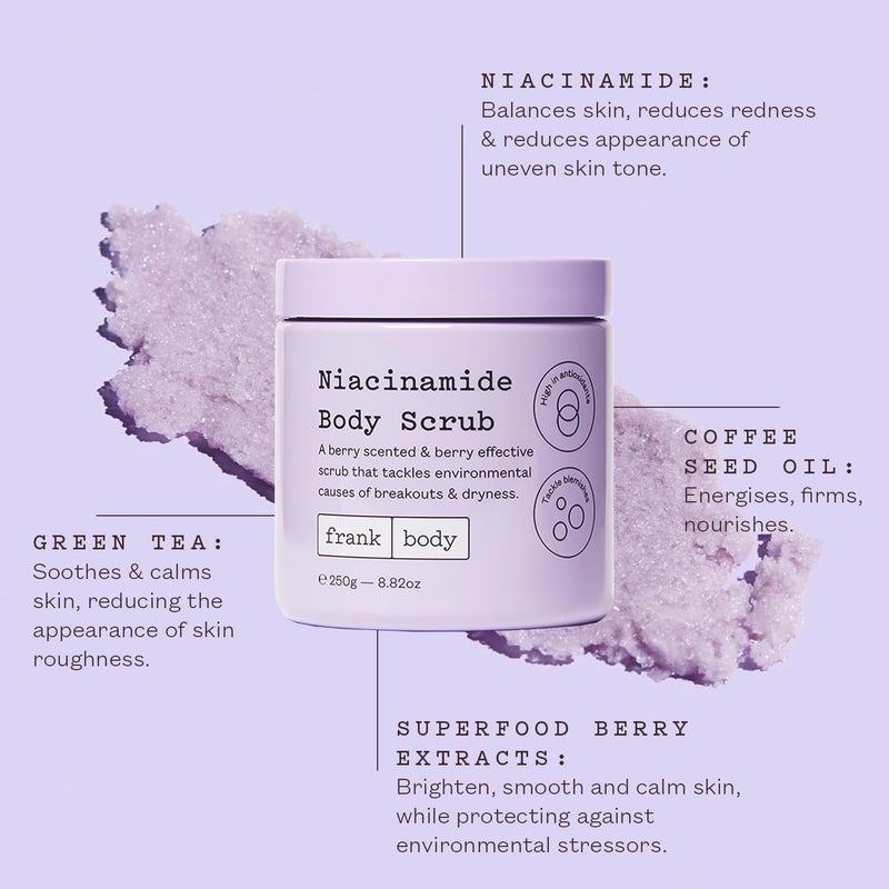 frank body Niacinamide Body Scrub | Fights Breakouts & Dryness | Exfoliating Body Scrub | Berry Extracts & Green Tea | Berry Scent | Vegan & Cruelty Free | 250g / 8.82 oz - Image 2