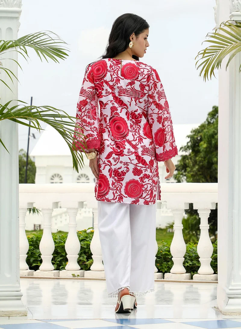 Qissa  Women's Floral-Galleria Kurta Set For Ethnic Wear | Round Neck, Long Lace Cuffed Sleeves | Floral Print Woven Fabric | 2 Piece Kurta Set Designed For Casual & Daily Wear for Women | Best Price UAE