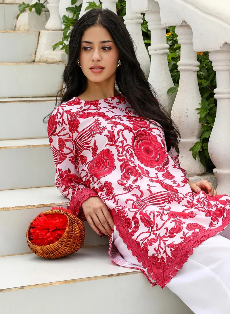 Qissa  Women's Floral-Galleria Kurta Set For Ethnic Wear | Round Neck, Long Lace Cuffed Sleeves | Floral Print Woven Fabric | 2 Piece Kurta Set Designed For Casual & Daily Wear for Women | Best Price UAE