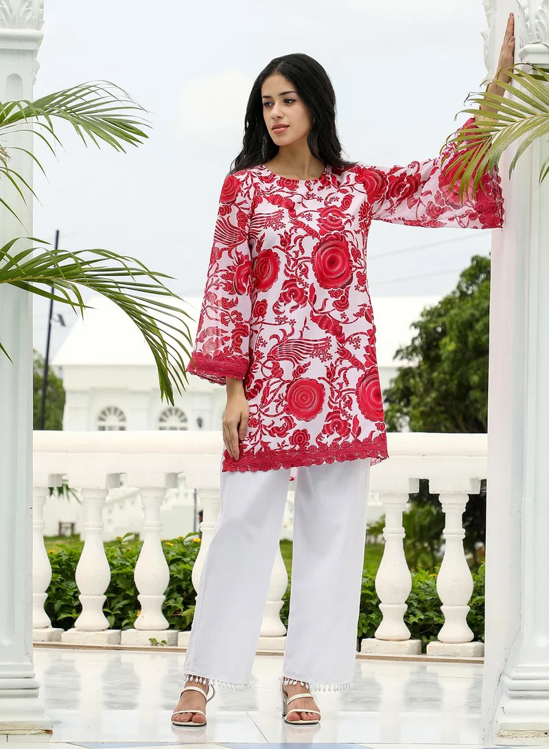 Qissa  Women's Floral-Galleria Kurta Set For Ethnic Wear | Round Neck, Long Lace Cuffed Sleeves | Floral Print Woven Fabric | 2 Piece Kurta Set Designed For Casual & Daily Wear for Women | Best Price UAE