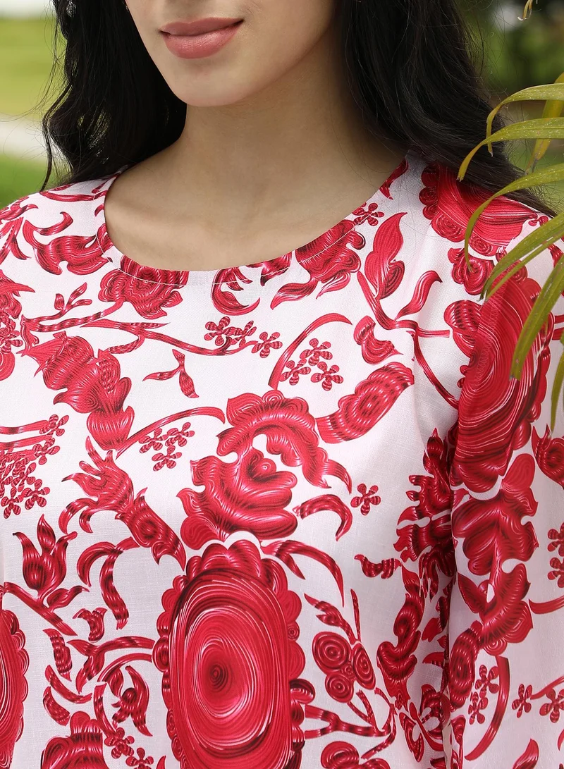 Qissa  Women's Floral-Galleria Kurta Set For Ethnic Wear | Round Neck, Long Lace Cuffed Sleeves | Floral Print Woven Fabric | 2 Piece Kurta Set Designed For Casual & Daily Wear for Women | Best Price UAE