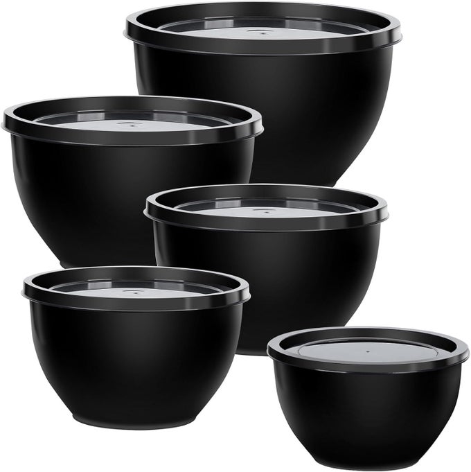 PLASTIC MIXING BOWLS SET WITH LIDS NESTING BOWLS FOR PREPPING SERVING COOKING BAKING LARGE MIXING SALAD BOWL FOR KITCHEN STORAGE DISHWASHER MICROWAVE SAFE SET OF 5 BLACK