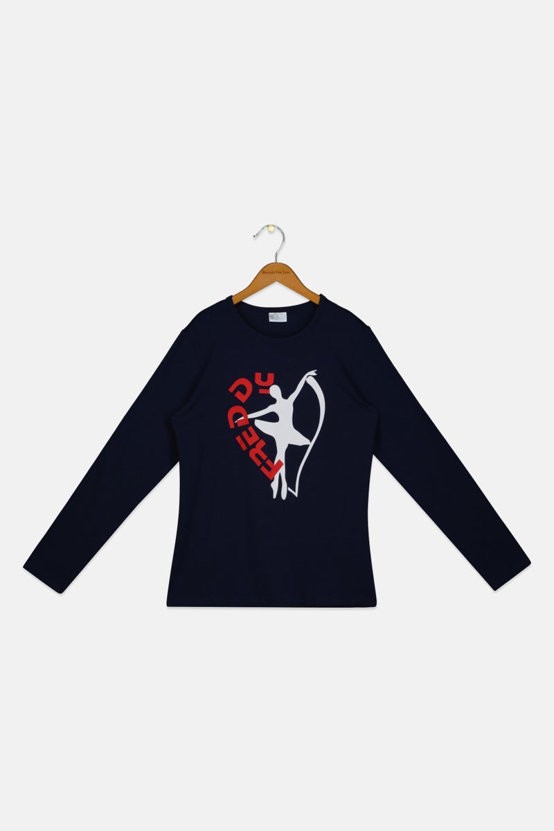 FREDDY Kids Girl Crew Neck Long Sleeve Graphic Print T-Shirt, Navy - Image 1