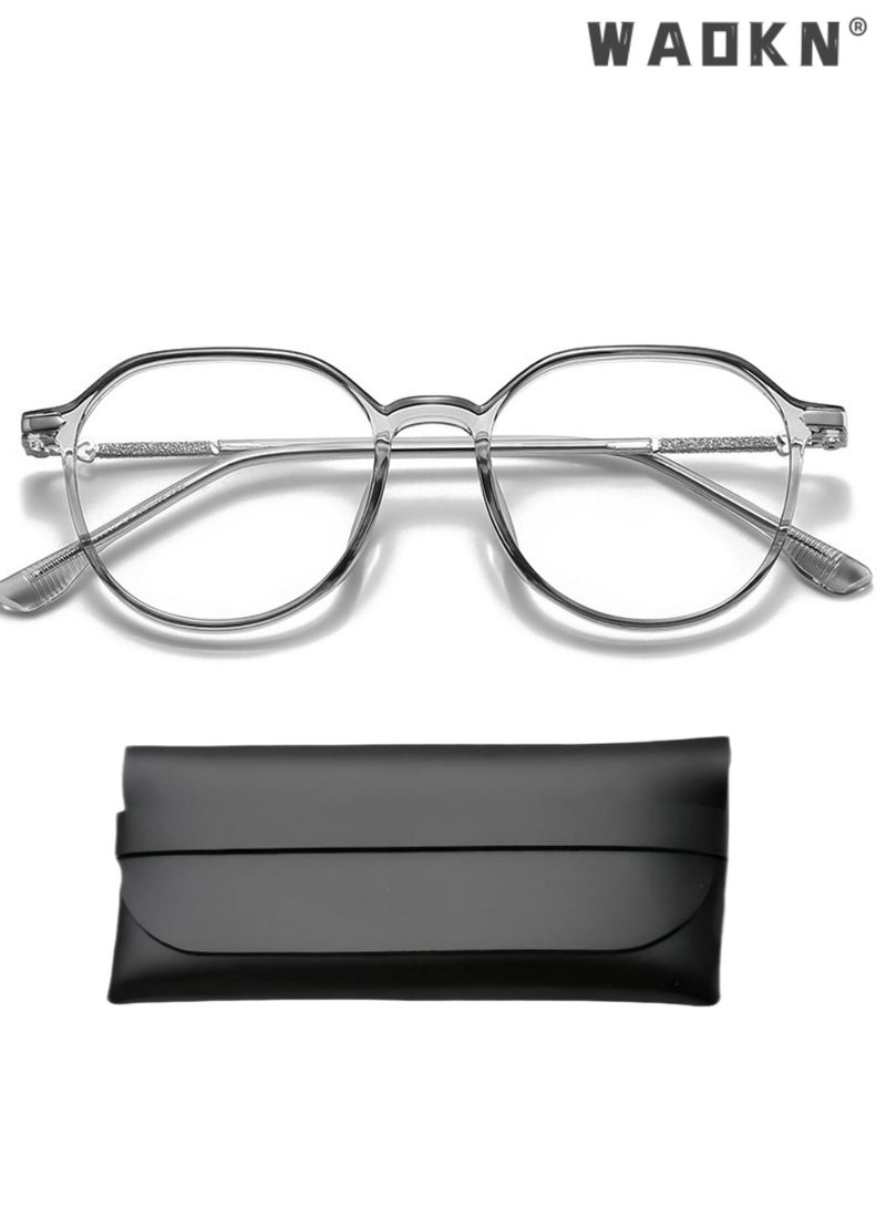 WAOKN Unisex Retro Geometric Square Blue Light Blocking Eyeglasses Frame, Premium TR90 Ultra-light  Bend-resistant Full Rim, Prescription Compatible Anti-fatigue Eye Strain Relief Glasses for Square Faces Office Computer Study Gaming Reading Daily Wear，Transparent Grey Frame - Image 1