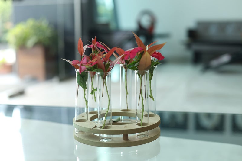 LABZIO Round Wooden & Glass Flower Vase for Table Tops (15x15x7.5 cm) – Elegant Diwali Table Decor, Festive Floral Display, Pooja Room & Living Room Decoration - Image 1