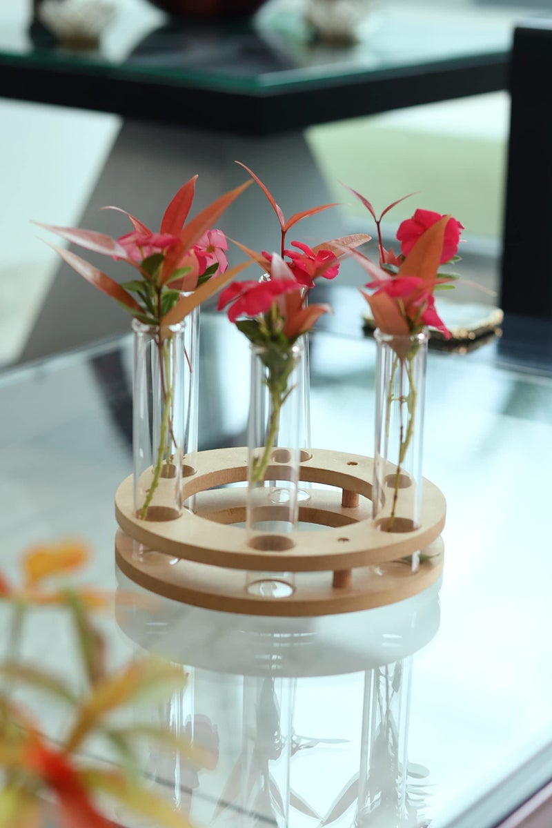LABZIO Round Wooden & Glass Flower Vase for Table Tops (15x15x7.5 cm) – Elegant Diwali Table Decor, Festive Floral Display, Pooja Room & Living Room Decoration - Image 2