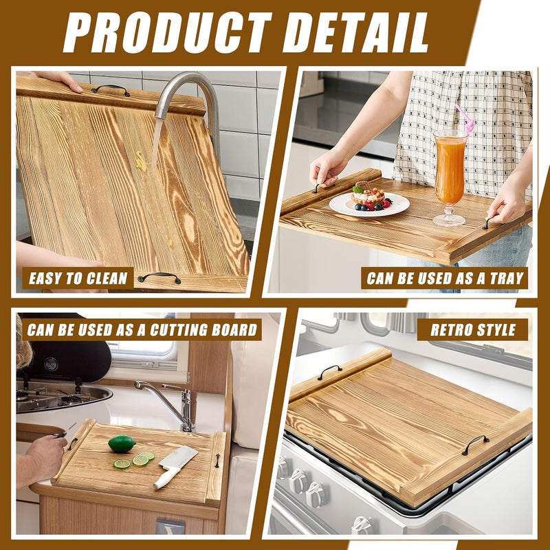 Maxdot Rv Stove Top Cover Board Wood Noodle Board Camper Stove Top Cover Countertop Cutting with 5 Pcs Adjustable Non-Slip Rubber Feet Legs Juice Groove for Trailer Gas Burner Electric Range Kitchen - Image 4