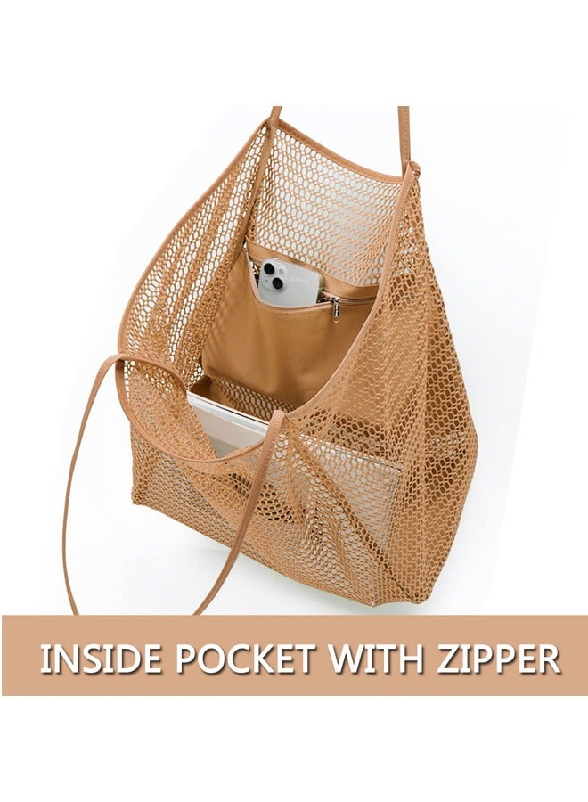 GUSGU Mesh Beach Tote Bag for Women Big Capacity Shoulder Handbags Pool Bag for Beach Swimming Pools Travel Shopping Picnic - Image 4