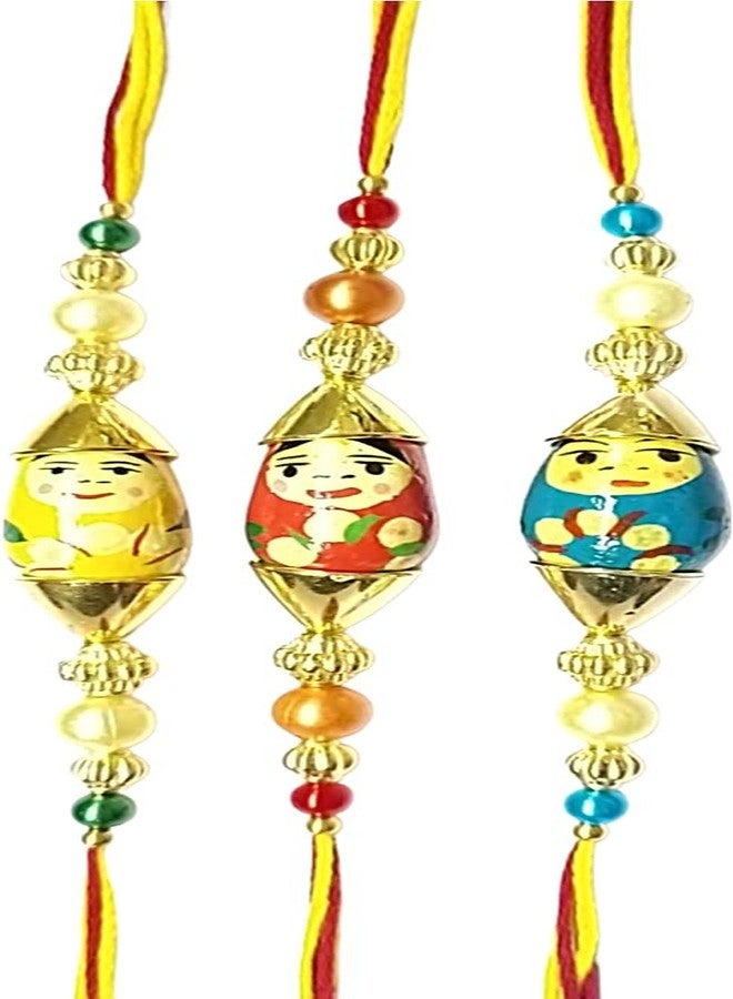 KRISHNA Rakhi set for family rakhi for brothers and kids Red,Yellow and Blue color Wooden toy with desgner Beads pendal for Rakshabandhan for Men and Boys in three sets - Image 2