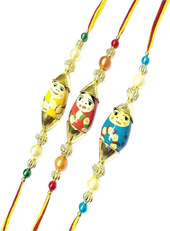KRISHNA Rakhi set for family rakhi for brothers and kids Red,Yellow and Blue color Wooden toy with desgner Beads pendal for Rakshabandhan for Men and Boys in three sets - Image 1