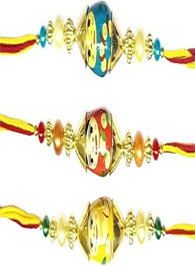 KRISHNA Rakhi set for family rakhi for brothers and kids Red,Yellow and Blue color Wooden toy with desgner Beads pendal for Rakshabandhan for Men and Boys in three sets - Image 3
