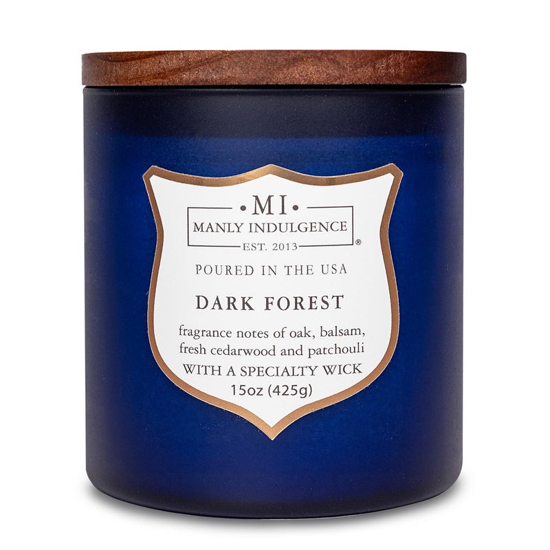 Manly Indulgence Dark Forest Scented Jar Candle for Men Wood Wicked Candle 15 oz  Oak Balsam Fresh Cedarwood  Patchouli  Up to 60 Hours Burn Soy Blend Wax USA Poured Navy Blue